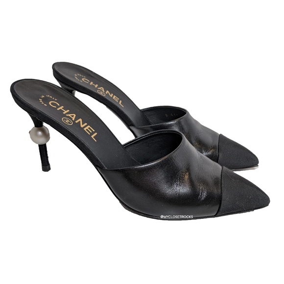 CHANEL Shoes - SOLD Chanel Black Leather Mule Pearl Heels